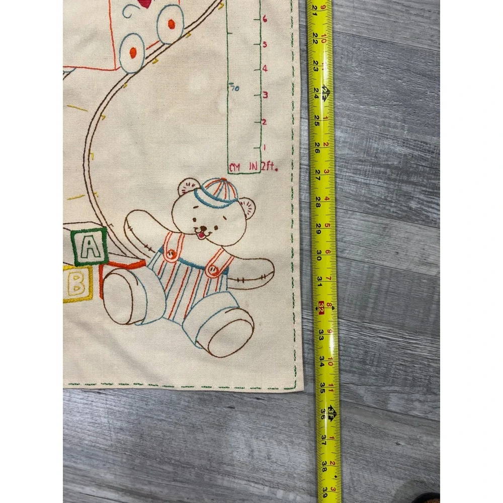 Vintage Embroidered Canvas Growth Chart Train Clown Teddy Bear Nursery Decor